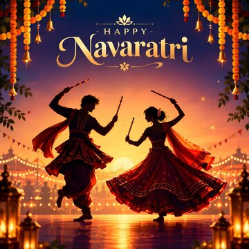 Happy navratri couple dancing with traditional garba flags