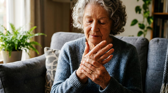 Senior woman holding painful hand at home