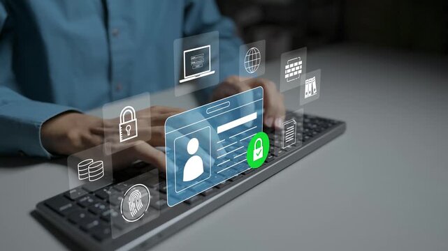 ID security and personal data protection concept. Person typing on keyboard with biometric face recognition, identity lock shield and data privacy icons, cyber safety authentication.