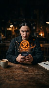 Young woman looking at smartphone with no internet connection icon in dark cafe