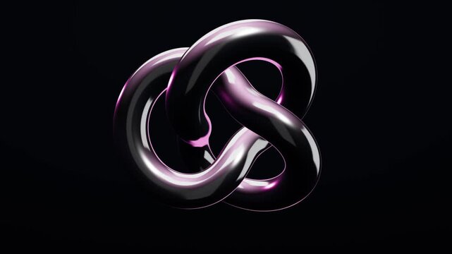 Abstract 3d metallic chrome torus knot rotating in black background seamless loop animation