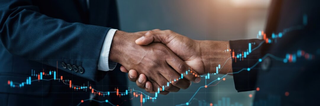 Business handshake with digital stock market chart and financial data visualization overlay