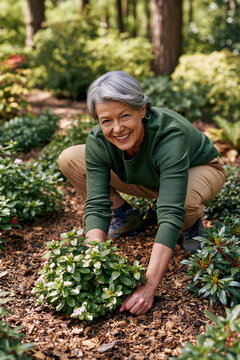 Elderly Woman Deeply Engaged in Admiring Lush Green Plant in Cozy Indoor Setting
