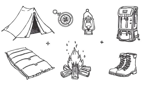 Hand Drawn Camping and Hiking Equipment Collection Isolated on White Background