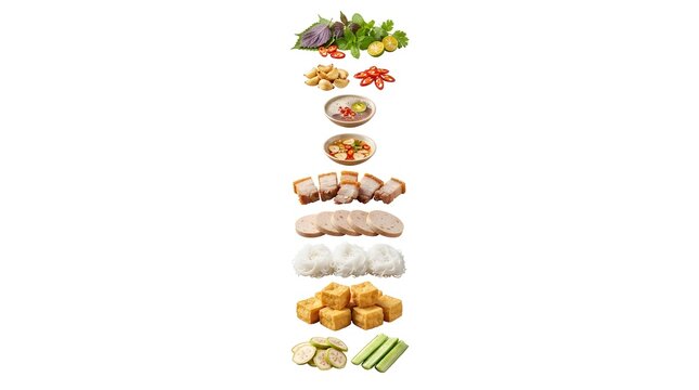 Floating Ingredients of Vietnamese Bun Dau Mam Tom, Crispy Pork Belly, Tofu, Rice Vermicelli, Herbs, and Fermented Shrimp Paste on White Background