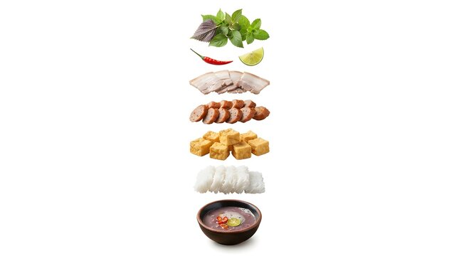 Vietnamese Bun Dau Mam Tom Ingredients Floating Isolated on White Background, Traditional Fermented Shrimp Paste Noodle Dish Culinary Concept