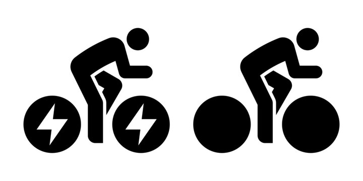 Electro cycle and bike icon set. Biking sign. Ebike and biking symbol. Trekking e-bike and cycle silhouette with electricity lightning bolt