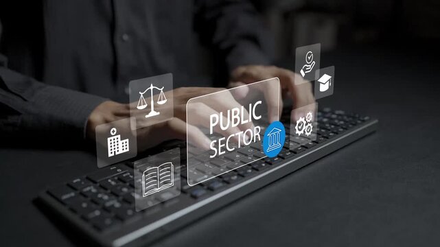Public sector concept. Person typing on keyboard with government building emblem, civic service connection and policy document icons, digital government administration platform.