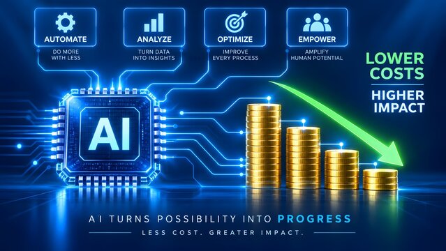 Artificial intelligence microchip with descending gold coin stacks and green arrow showing cost reduction and higher impact