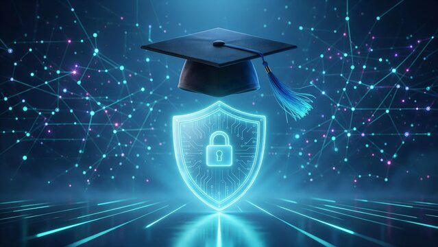 Graduation cap floating above a glowing digital security shield featuring a padlock icon and intricate circuitry against an abstract network background with vibrant blue lights