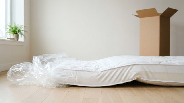 New rolled mattress unpacking on wooden floor in empty room