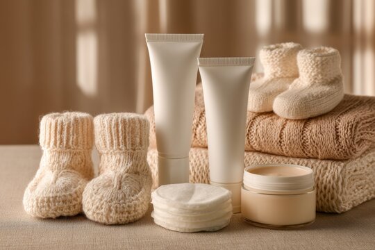 Natural baby skincare routine essentials with soft knitted booties and textures on neutral surface with cotton pads arranged knitted socks folded blankets