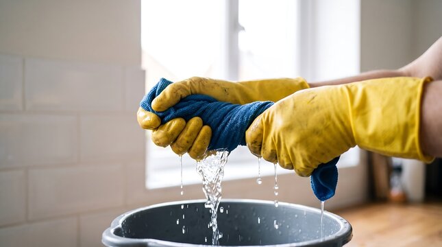 Person wearing yellow rubber gloves wringing out a blue cloth over a bucket