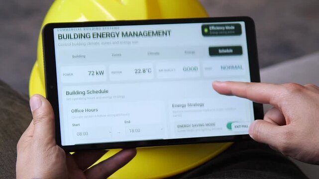 Facility manager reviews building energy performance on a tablet, then sets operating hours and activates energy saving mode to reduce commercial power demand.