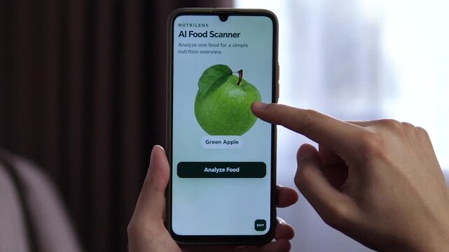 User taps a smartphone AI food scanner to analyze a green apple, highlighting smart nutrition, digital wellness and data-driven eating in a modern mobile health routine.