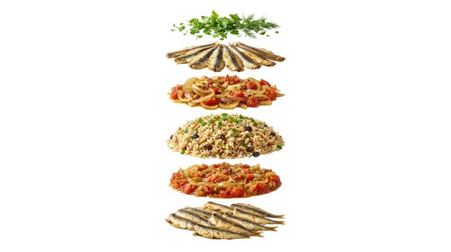 Floating Layers of Traditional Turkish Hamsi Pilaki with Anchovies, Spiced Rice, Tomatoes and Onions Isolated on White Background for Food Menu