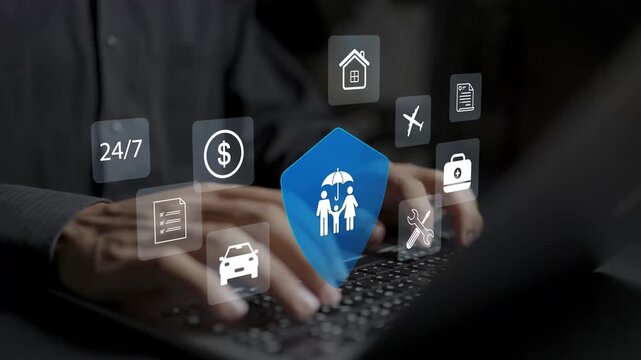 Insurance and assurance concept. Person using laptop with protective policy shield, umbrella safety and financial guarantee icons, digital coverage management system.
