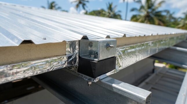 cool roof tropical building Close-up of insulated metal roofing panel with foil facing and connector bracket