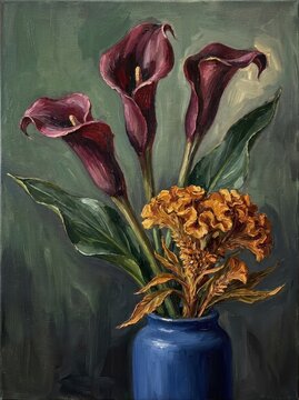 Still life with burgundy calla lilies and golden cockscomb in a blue vase