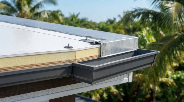 cool roof tropical building Close-up of metal gutter system on roof with palm trees in background
