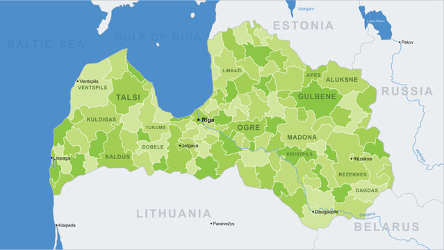 Map of latvia with administrative municipalities and surrounding baltic sea and neighboring countries