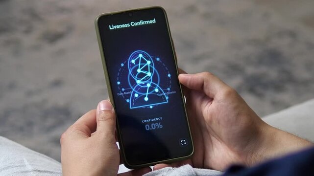 Smartphone runs a digital identity scan and trusted device check, highlighting biometric authentication, account security and the shift toward passwordless access.