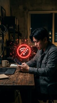 Young man looking at smartphone with no internet connection icon in dark office