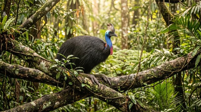 Cassowary bird perched on mossy tree branch in lush rainforest