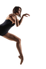Modern ballet dancer posing on white background. Elegant lady making beautiful body sculptures. © Nikola Spasenoski