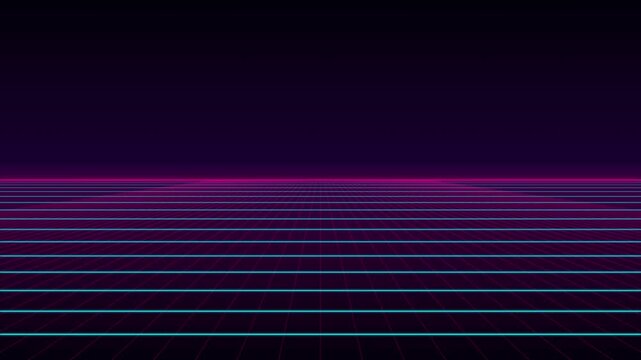 Abstract retro 80s synthwave neon grid floor moving to horizon seamless loop animation