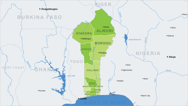 Map of benin showing administrative divisions and neighboring countries in west africa