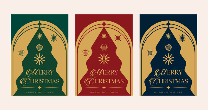 Luxury Christmas Greeting Card Template, Retro Art Deco Holiday Vector Design with Elegant Christmas Tree, Gold Frame and Merry Christmas Typography