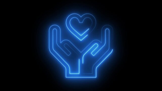 Glowing blue neon outline of two hands cupping a heart symbol against a black background