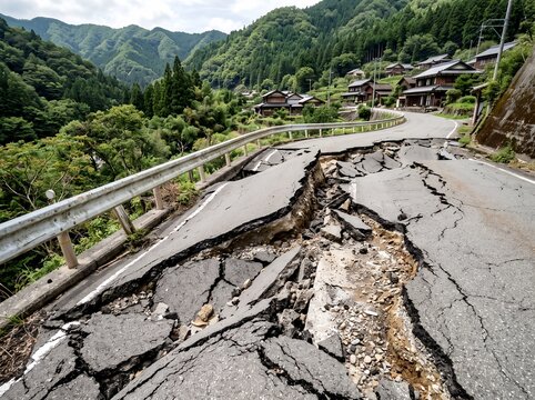 地震や地滑りで大きく損壊した道路山間部に甚大な被害をもたらした災害現場