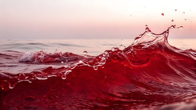 Vibrant red liquid wave crashing with delicate splashing droplets captured in soft sunset light during evening