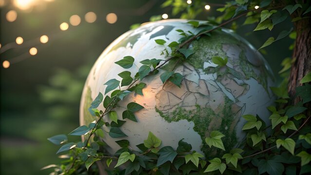 Earth globe sculpture wrapped in vibrant green ivy leaves surrounded by glowing soft golden sunset lighting