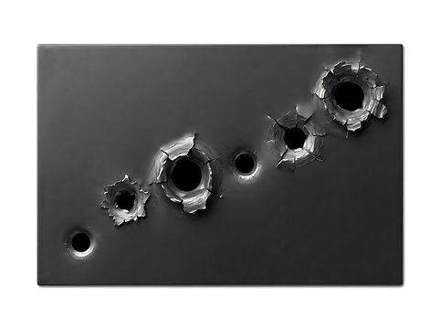 Bullet holes in solid dark metal plate showing deep impact marks across a textured steel surface