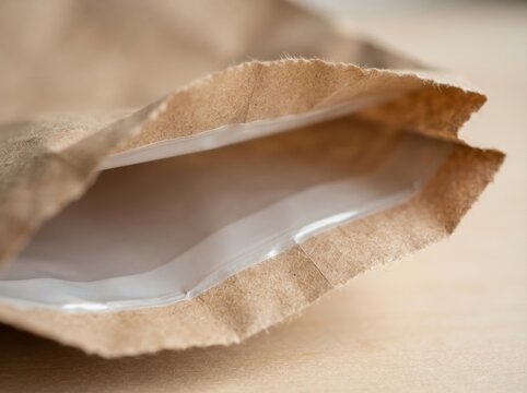 compostable barrier film packaging Close-up of a torn brown paper bag with a shiny inner lining.