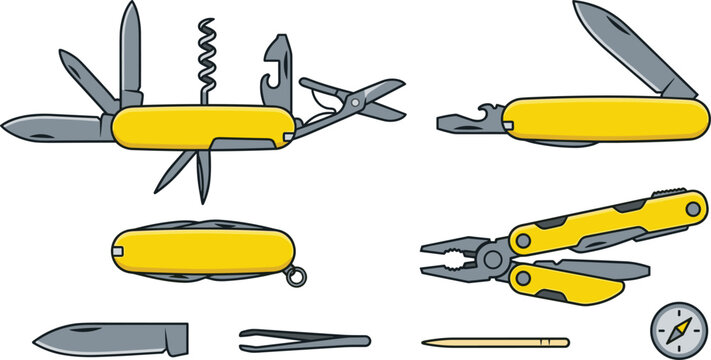 Yellow Swiss Army Knife and Multitool Vector Set with Pliers Scissors and Survival Gear for Camping Outdoor Graphic Designs