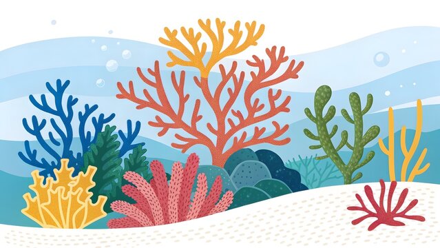 Vibrant coral reef illustration featuring colorful aquatic plants and deep blue ocean water textures in style