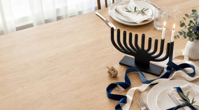 Modern menorah with burning candles on wooden table
