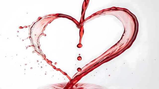 Vibrant red liquid wine splashing into a delicate heart shape against a clean white studio background