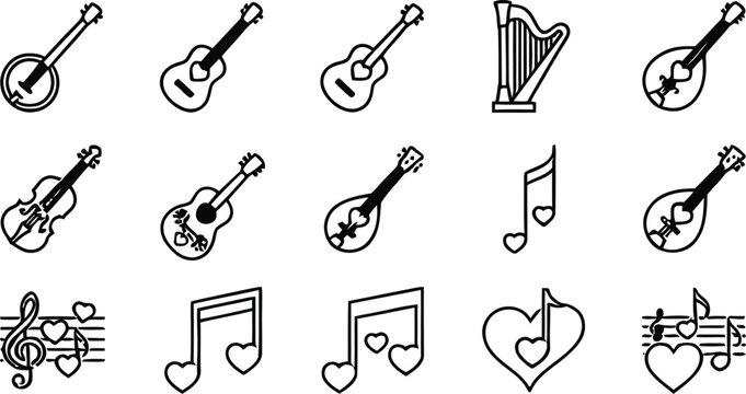 Vector line icon set of romantic musical instruments acoustic guitar banjo harp lute mandolin violin musical notes heart staff love melody dashboard widgets UI design templates symbols.