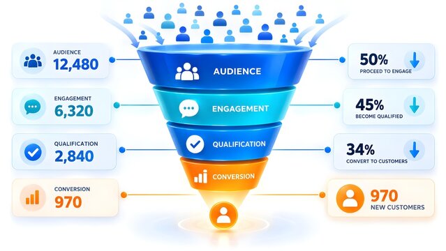 Detailed sales funnel infographic with statistical data metrics showing audience to customer conversion