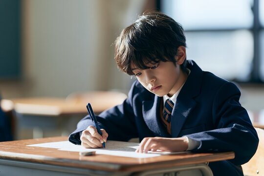 学校の教室で試験問題に集中する制服姿の小学生