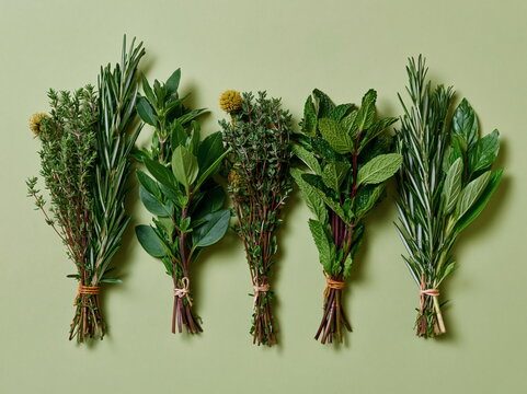 Lush Bundle of Fragrant Thyme, Oregano, and Basil Herbs Drying in Natural Sunlight for Culinary Aromas