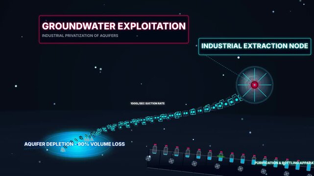 Conceptual animation of groundwater exploitation and industrial privatization of aquifers showing extraction node depleting water resources for commercial bottling apparatus