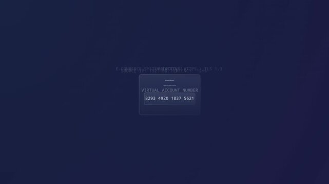 Futuristic digital animation of a secure virtual account transaction with data encryption, cybersecurity protocols, and online payment processing interface showing amount details