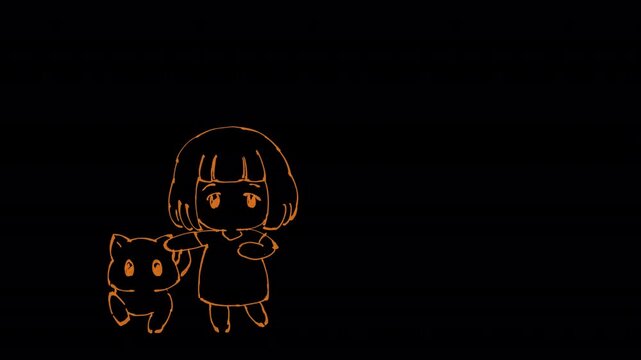 Looped hand-drawn cartoon animation of a girl dancing with her pet. Vibrant orange line art with a fully transparent background. Line colors can be easily customized or changed to black or white using