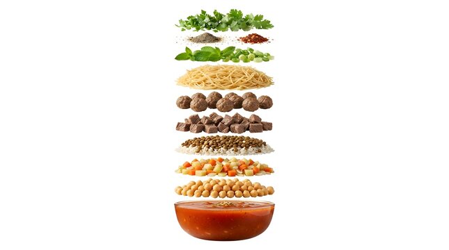 Vertical assembly of Sudanese Shorba soup ingredients including meatballs, lentils, vegetables, and spices isolated on a white background